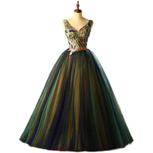 Vintage / Retro Multi-Colors Prom Dresses 2021 Ball Gown V-Neck Appliques Rhinestone Sash Sleeveless Backless Floor-Length / Long Formal Dresses
