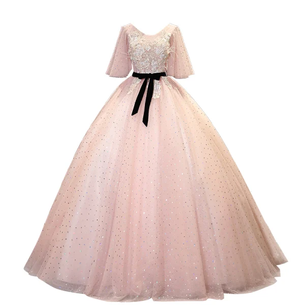 Chic / Beautiful Blushing Pink Prom Dresses 2021 Ball Gown V-Neck Rhinestone Lace Flower Sash Short Sleeve Backless Floor-Length / Long Prom Formal Dresses