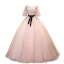Chic / Beautiful Blushing Pink Prom Dresses 2021 Ball Gown V-Neck Rhinestone Lace Flower Sash Short Sleeve Backless Floor-Length / Long Prom Formal Dresses