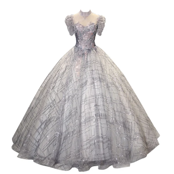 Charming Silver Prom Dresses 2021 Ball Gown High Neck Beading Pearl Sequins Lace Flower Short Sleeve Backless Floor-Length / Long Prom Formal Dresses
