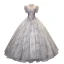 Charming Silver Prom Dresses 2021 Ball Gown High Neck Beading Pearl Sequins Lace Flower Short Sleeve Backless Floor-Length / Long Prom Formal Dresses