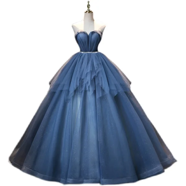 Fashion Ocean Blue Prom Dresses 2021 A-Line / Princess Strapless Rhinestone Sash Sleeveless Backless Floor-Length / Long Formal Dresses