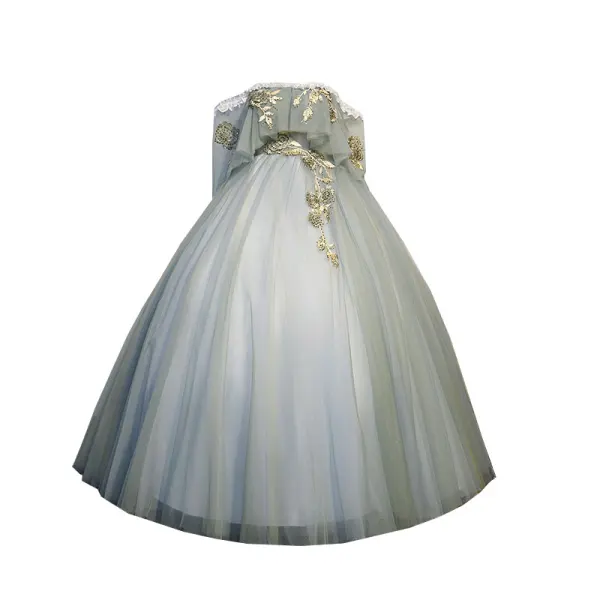 Chic / Beautiful Sage Green Prom Dresses 2021 Ball Gown Off-The-Shoulder Rhinestone Lace Flower Short Sleeve Backless Floor-Length / Long Formal Dresses