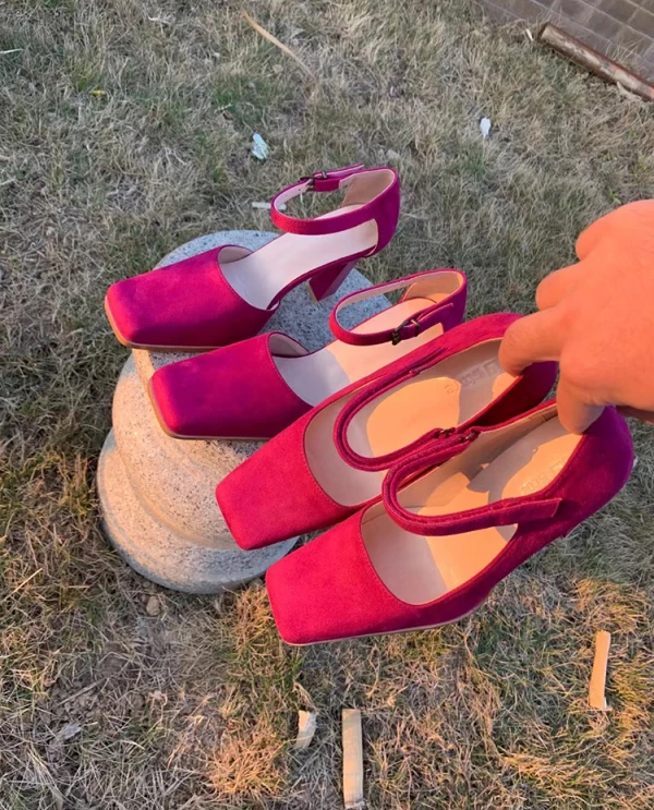Vintage Rose Rot Freizeit Wildleder Sandalen Damen 2021 9 cm Thick Heels Quadratische Zehe Sandaletten Hochhackige