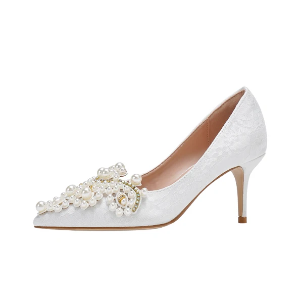 Chic / Belle Ivoire Perle Faux Diamant Chaussure De Mariée 2021 7 cm Talons Aiguilles À Bout Pointu Mariage Escarpins Talons Hauts