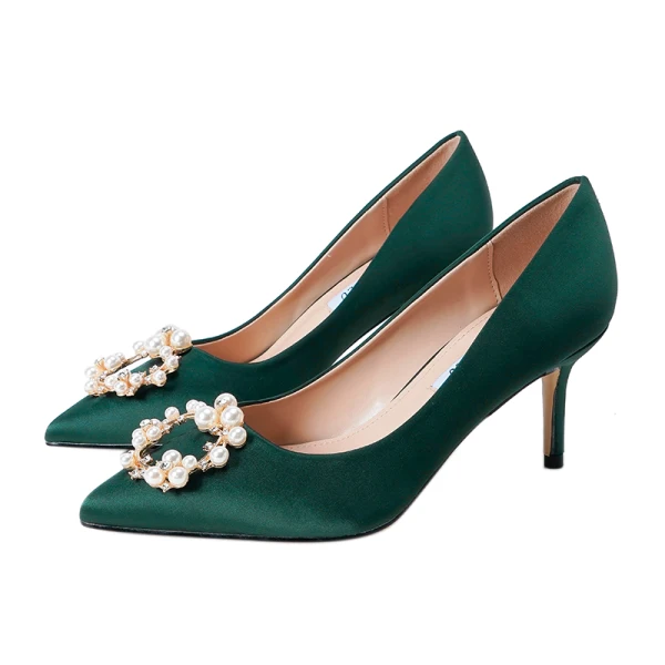 Modern / Fashion Dark Green Satin Pearl Rhinestone Pumps 2021 7 cm Stiletto Heels Pointed Toe Prom Pumps High Heels