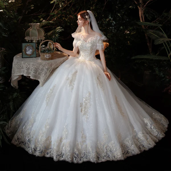 Affordable Ivory Glitter Sequins Wedding Dresses 2021 Ball Gown Off-The-Shoulder Lace Flower Short Sleeve Backless Floor-Length / Long Wedding