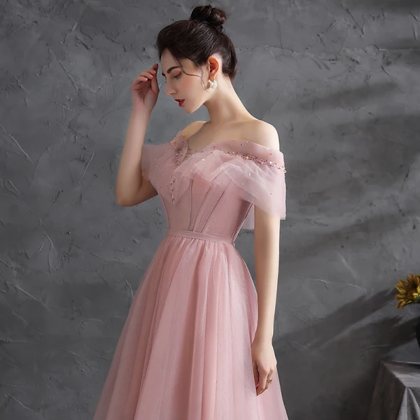 Chic / Beautiful Blushing Pink Prom Dresses 2021 A-Line / Princess Off-The-Shoulder Beading Rhinestone Short Sleeve Backless Floor-Length / Long Evening Party Formal Dresses
