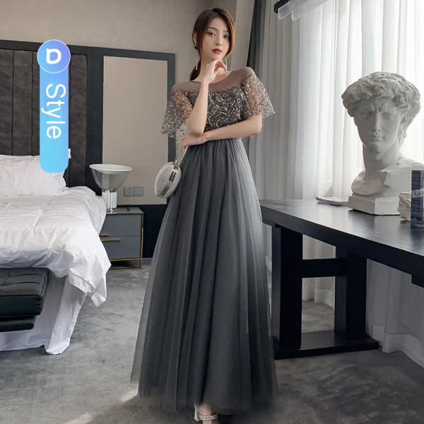 Chic / Beautiful Black Grey Bridesmaid Dresses 2021 A-Line / Princess Scoop Neck Beading Sequins Short Sleeve Backless Floor-Length / Long Bridesmaid Wedding Party Dresses