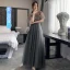 Chic / Beautiful Black Grey Bridesmaid Dresses 2021 A-Line / Princess Scoop Neck Beading Sequins Short Sleeve Backless Floor-Length / Long Bridesmaid Wedding Party Dresses
