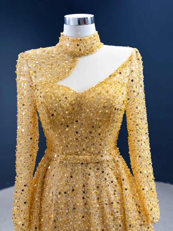 Sparkly Gold Beading Pearl Sequins Evening Dresses  2021 Trumpet / Mermaid High Neck Long Sleeve Court Train Evening Party Formal Dresses