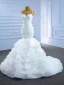 High-end Ivory Lace Cascading Ruffles Wedding Dresses 2021 Trumpet / Mermaid Scoop Neck Beading Sleeveless Backless Court Train Wedding