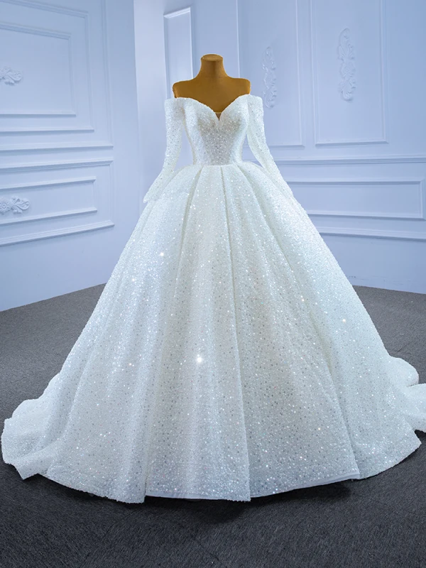 Luxus / Herrlich Ivory / Creme Brautkleider / Hochzeitskleider 2021 Ballkleid Quaste Perle Off Shoulder Perlenstickerei Pailletten Lange Ärmel Rückenfreies Hof-Schleppe Hochzeit