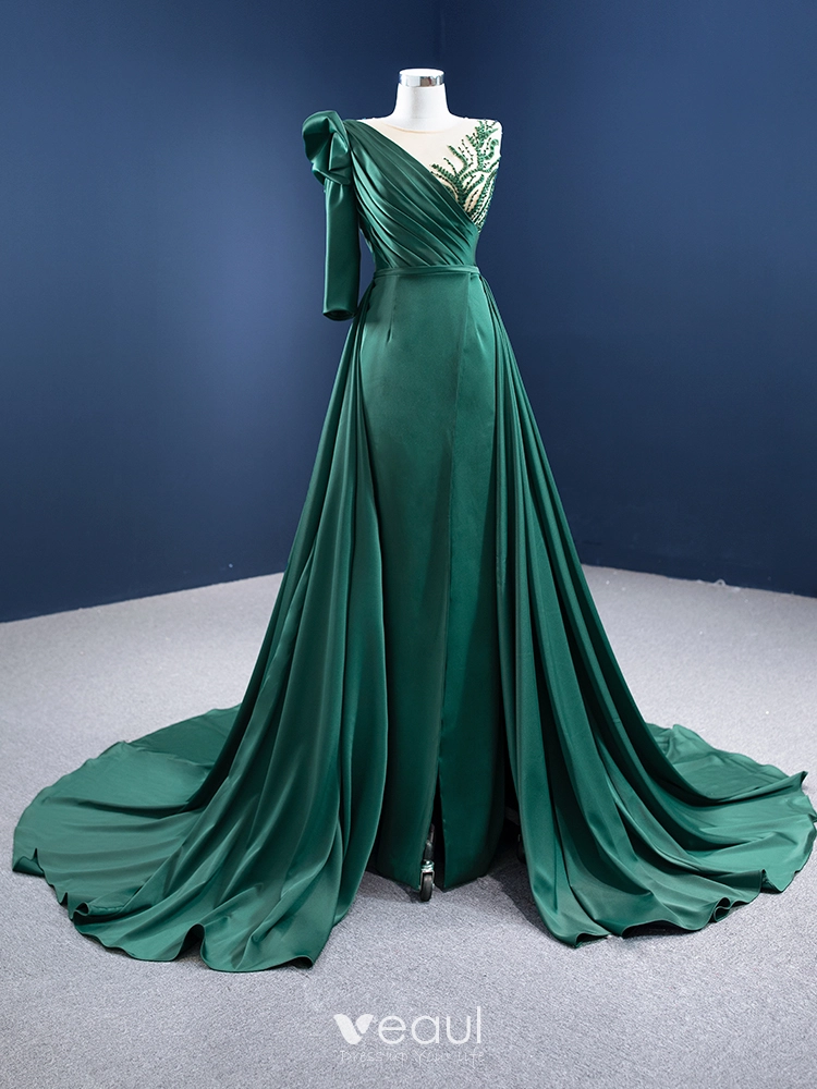 Elegant High-end Dark Green Satin Evening Dresses 2021 A-Line / Princess  Scoop Neck Beading Sequins 3/4 Sleeve Sash Chapel Train Evening Party  Formal Dresses