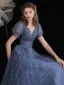 Fashion Ocean Blue Prom Dresses 2021 A-Line / Princess V-Neck Bow Beading Sequins Short Sleeve Backless Floor-Length / Long Prom Formal Dresses