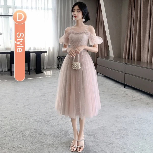 Chic / Beautiful Blushing Pink Bridesmaid Dresses 2021 A-Line / Princess Square Neckline Pearl Sequins Short Sleeve Backless Tea-length Bridesmaid Wedding Party Dresses