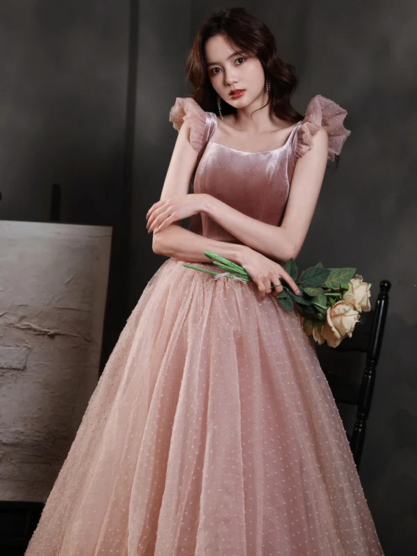 Vintage / Retro Suede Dusky Pink Prom Dresses 2021 A-Line / Princess Sleeveless Backless Square Neckline Tea-length Prom Formal Dresses