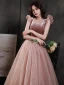 Vintage / Retro Suede Dusky Pink Prom Dresses 2021 A-Line / Princess Sleeveless Backless Square Neckline Tea-length Prom Formal Dresses