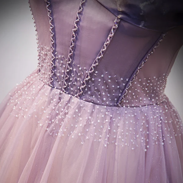 Elegante Violett Ballkleider 2021 A Linie Off Shoulder Perlenstickerei Kurze Ärmel Rückenfreies Lange Ball Festliche Kleider