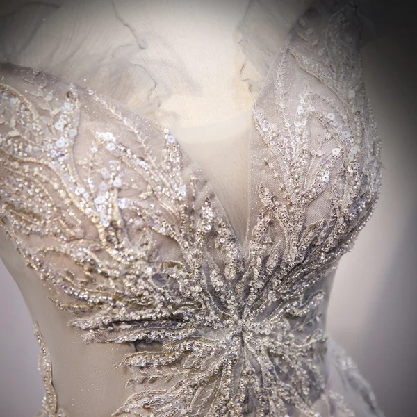 Chic / Beautiful Grey Evening Dresses Prom Dresses 2021 A-Line / Princess Off-The-Shoulder Beading Sequins Lace Flower Sleeveless Backless Sweep Train Evening Party Prom Formal Dresses