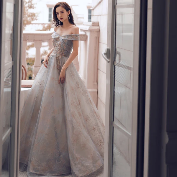 Fashion Grey Gold Prom Dresses 2021 A-Line / Princess Off-The-Shoulder Sequins Lace Flower Short Sleeve Backless Floor-Length / Long Prom Formal Dresses