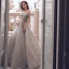 Fashion Grey Gold Prom Dresses 2021 A-Line / Princess Off-The-Shoulder Sequins Lace Flower Short Sleeve Backless Floor-Length / Long Prom Formal Dresses