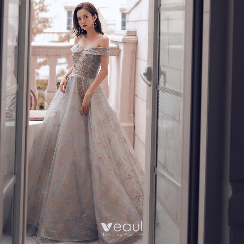 slim fit dress slacks Grey Tulle Sequins Long Prom Dresses, A-Line Spaghetti Straps Evening Dresses US 2 / Grey main image 0