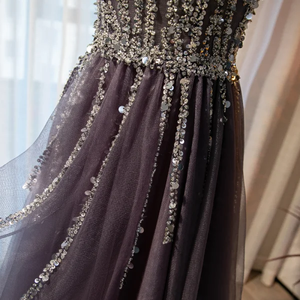Chic / Beautiful Purple Prom Dresses 2021 A-Line / Princess V-Neck Beading Sequins Sleeveless Backless Floor-Length / Long Prom Formal Dresses