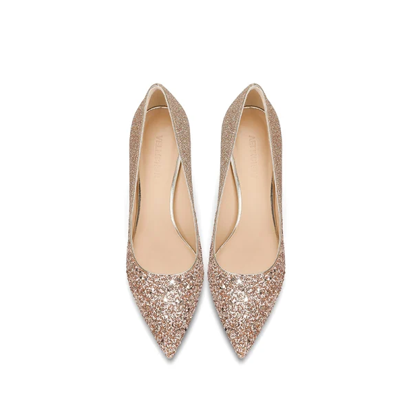 Sparkly Champagne Sequins Wedding Shoes 2021 Leather 8 cm Stiletto Heels Pointed Toe Wedding Pumps High Heels