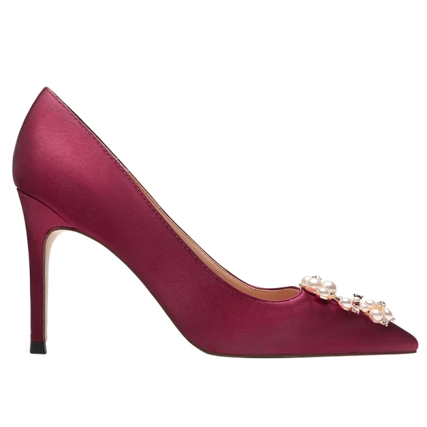Chic / Beautiful Burgundy Satin Wedding Shoes 2021 Leather Pearl Rhinestone 9 cm Stiletto Heels Pointed Toe Wedding Pumps High Heels