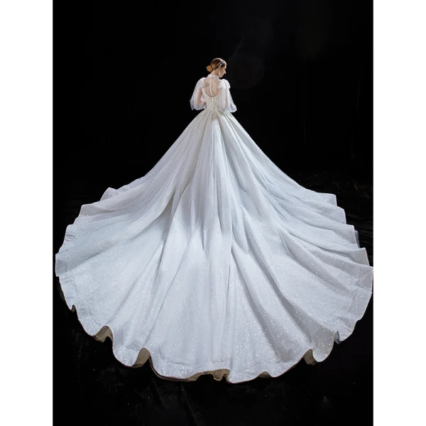 Luxury / Gorgeous Ivory With Cloak Wedding Dresses 2021 Ball Gown High Neck Beading Rhinestone Sequins Bow Long Sleeve Royal Train Wedding