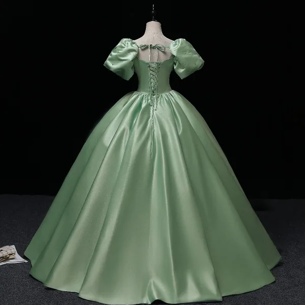 Elegant Sage Green Satin Prom Dresses 2022 Square Neckline Puffy Short Sleeve Bow Backless Floor-Length / Long Formal Dresses Prom