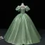 Elegant Sage Green Satin Prom Dresses 2022 Square Neckline Puffy Short Sleeve Bow Backless Floor-Length / Long Formal Dresses Prom