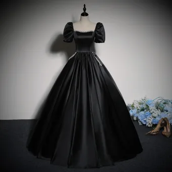 Élégant Noire Perle Faux Diamant Satin Robe De Bal 2023 Robe Boule Encolure Carrée Gonflée Manches Courtes Dos Nu Longue Promo Robe De Ceremonie