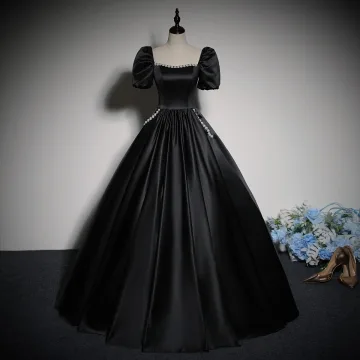 Élégant Noire Perle Faux Diamant Satin Robe De Bal 2023 Robe Boule Encolure Carrée Gonflée Manches Courtes Dos Nu Longue Promo Robe De Ceremonie