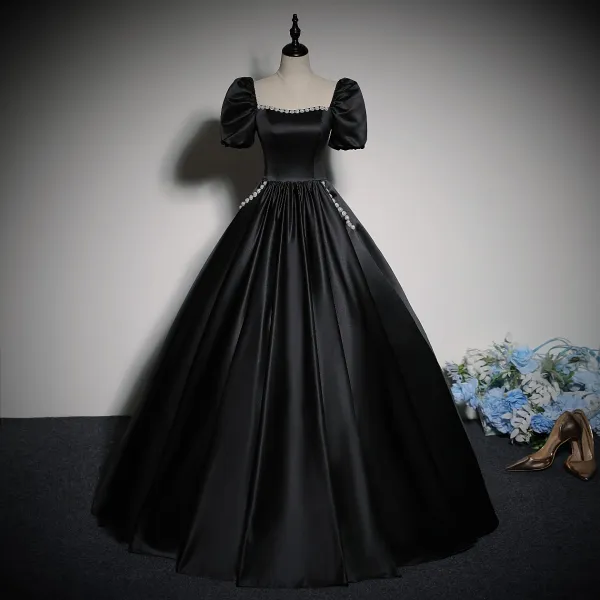 Chic / Beautiful Black Rhinestone Flower Prom Dresses 2024 Ball Gown V-Neck  Short Sleeve Backless Floor-Length / Long Prom Formal Dresses