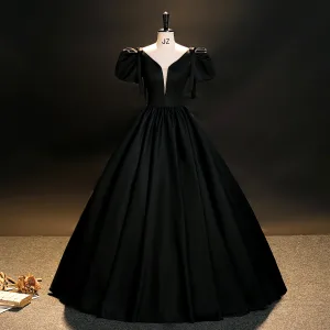 Élégant Noire Satin Robe De Bal 2023 Robe Boule V Cou Gonflée Manches Courtes Dos Nu Longue Robe De Ceremonie