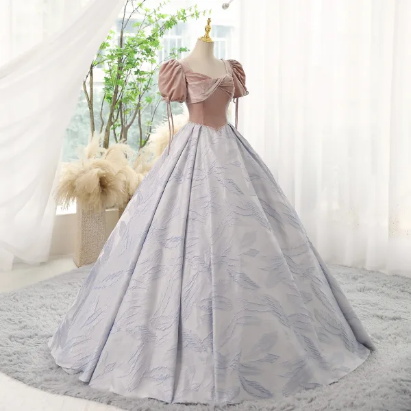Elegant Blushing Pink Prom Dresses 2023 Ball Gown Square Neckline Short Sleeve Backless Floor-Length / Long Prom Formal Dresses