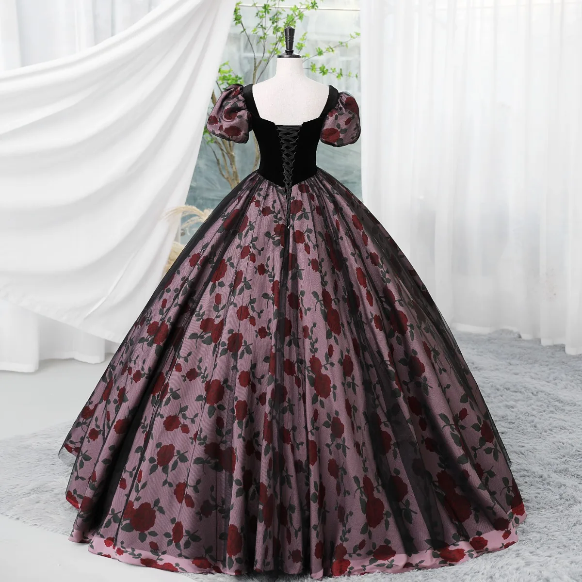 open lace back dress Black Velvet and Pink Tulle Long Prom Dress, Beautiful Sweetheart Neck