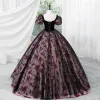 Vintage / Retro Rose Black Prom Dresses 2023 Ball Gown Square Neckline Short Sleeve Backless Floor-Length / Long Prom Formal Dresses