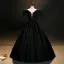 Elegant Black Satin Prom Dresses 2023 Ball Gown V-Neck Puffy Short Sleeve Backless Floor-Length / Long Prom Formal Dresses