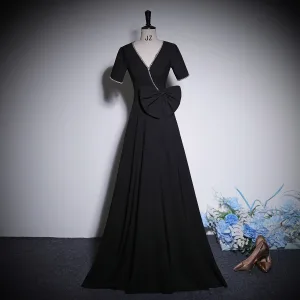 Élégant Noire Faux Diamant Noeud Robe De Bal 2023 Fermeture Éclair Princesse V Cou Manches Courtes Longue Promo Robe De Ceremonie