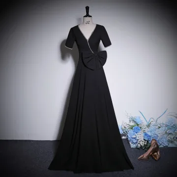Elegant Black Rhinestone Bow Prom Dresses 2023 Zipper Up A Line Princess V Neck Short Sleeve Floor Length Long Prom Formal Dresses