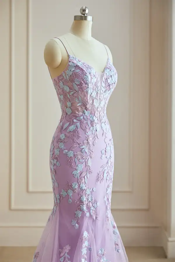 Stunning Lavender Lace Flower Evening Dresses 2024 Spaghetti Straps Trumpet / Mermaid Crossed Straps Floor-Length / Long Engagement Formal Dresses