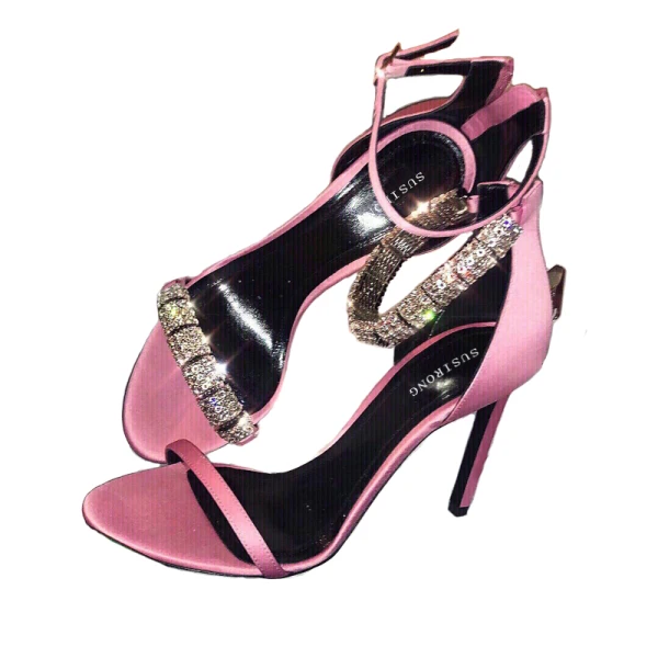 Charmant Pink Abend Sandalen Damen 2020 Leder Strass Knöchelriemen 10 cm Stilettos Peeptoes High Heels