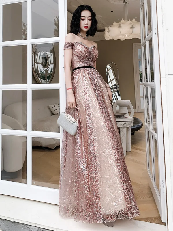 Sexy Blushing Pink Sequins Pearl Prom Dresses 2021 A-Line / Princess Off-The-Shoulder Backless Short Sleeve Floor-Length / Long Formal Dresses