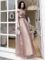 Sexy Blushing Pink Sequins Pearl Prom Dresses 2021 A-Line / Princess Off-The-Shoulder Backless Short Sleeve Floor-Length / Long Formal Dresses