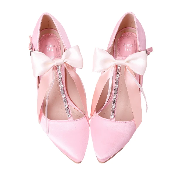 Schön Pink Brautschuhe 2019 Schleife Strass T-Riemen 9 cm Stilettos Spitzschuh Hochzeit Pumps