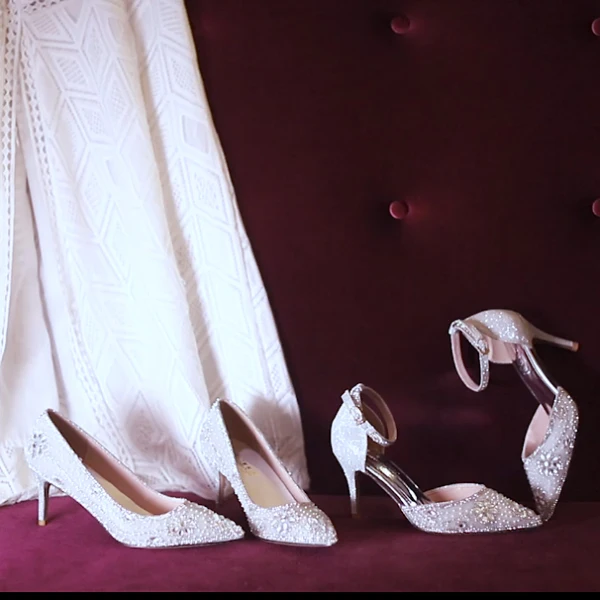 Charmant Zilveren Rhinestone Bruidsschoenen 2019 Leer Pailletten 9 cm Naaldhakken / Stiletto Spitse Neus Huwelijk Pumps