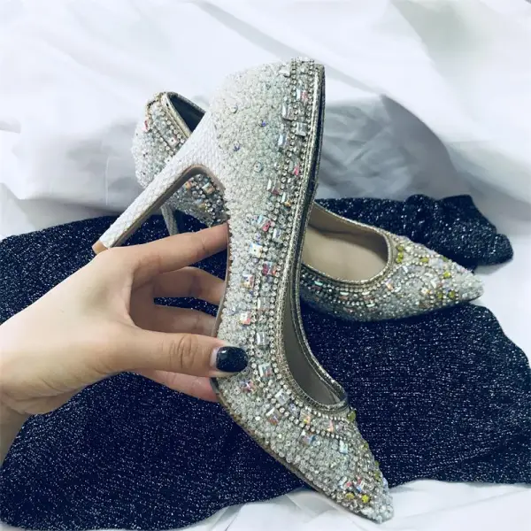 Piękne Białe Buty Ślubne 2019 Skórzany Rhinestone Cekiny 10 cm Szpilki Szpiczaste Ślub Czółenka